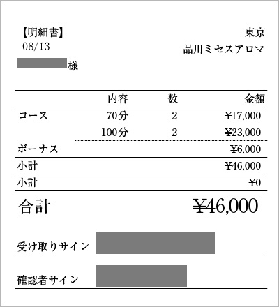 東京品川ミセスアロマ 実際の給料明細1